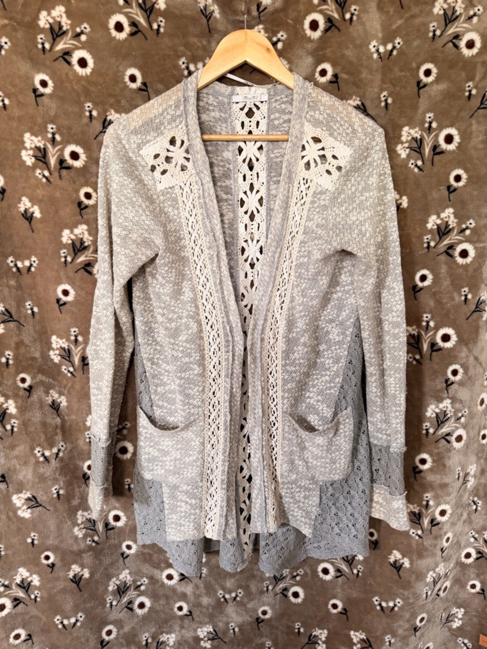 Miss Me Light Gray Crochet-Trim Open Cardigan